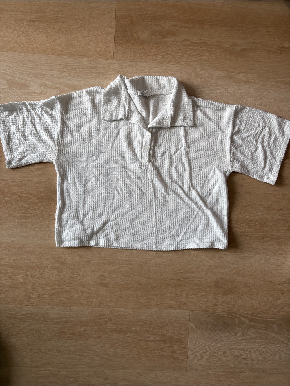 Boxy Oversized Caution To The Wind White Cropped Textured Polo Top